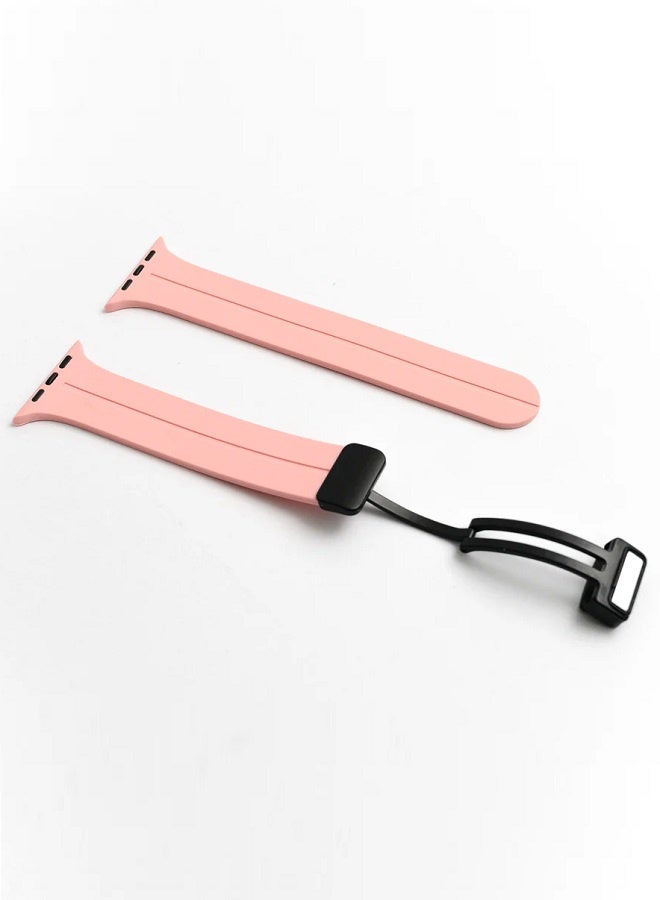 Replacement silicone sports wristband, black, with a magnetic D-shaped clasp 42/44/45/49mm, compatible with Apple Watch series SE/11/10/9/8/7/6/5/4/3 - Pink - Image 4